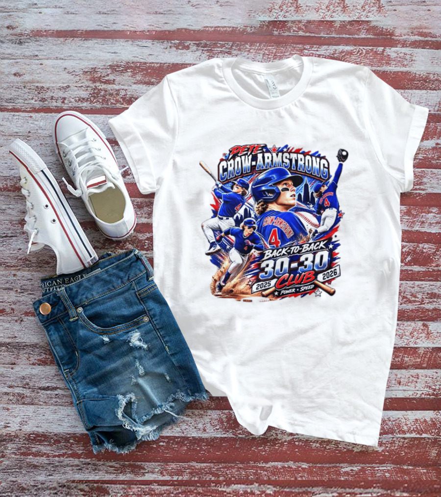Pete Crow Armstrong Back To Back 30 30 Club 2025 2026 Power Speed Chicago Baseball Action Skyline T-Shirt