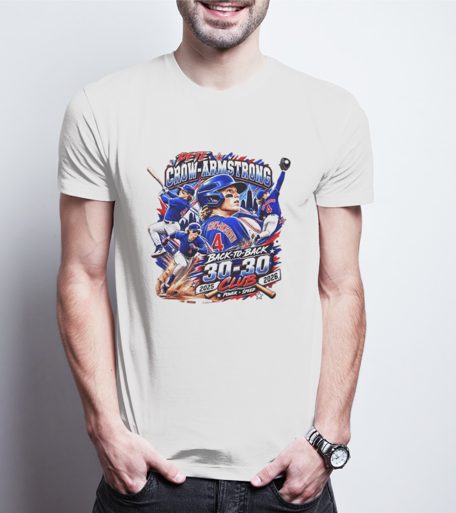 Pete Crow Armstrong Back To Back 30 30 Club 2025 2026 Power Speed Chicago Baseball Action Skyline T-Shirt