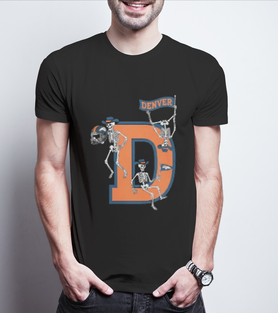 Denver Broncos Skeletons Cowboy Hats Big D Helmet Flag Orange T-Shirt