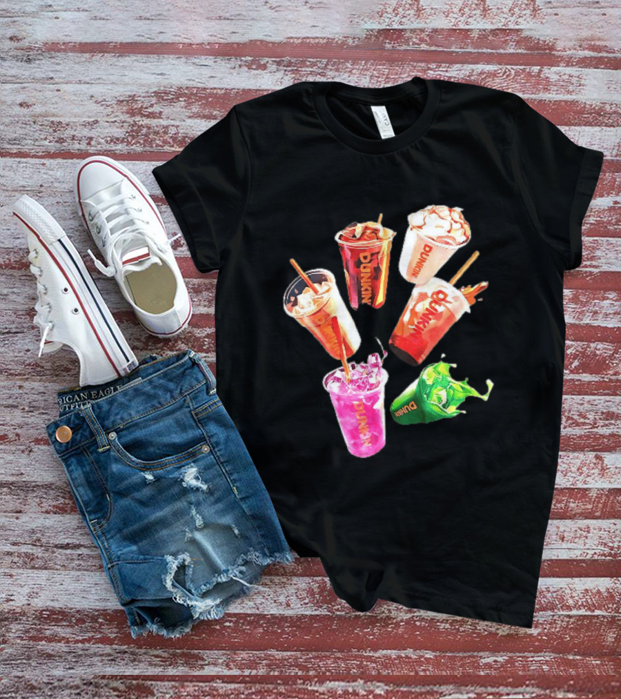 Dunkin Colorful Iced Coffee Beverages Splash With Straws T-Shirt