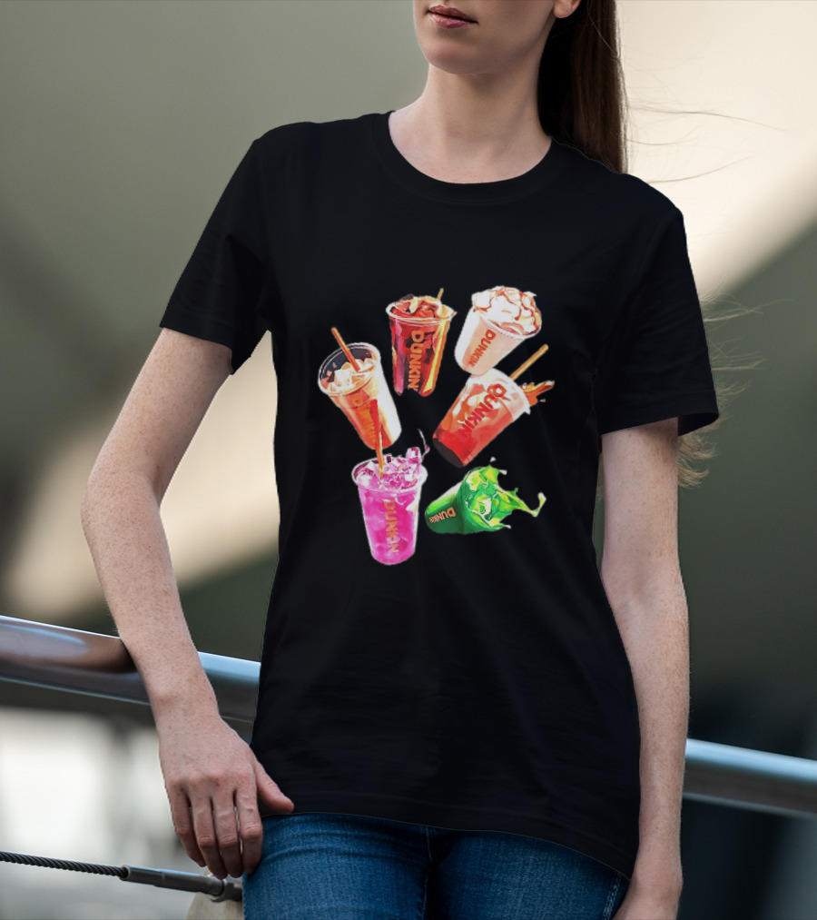 Dunkin Colorful Iced Coffee Beverages Splash With Straws T-Shirt