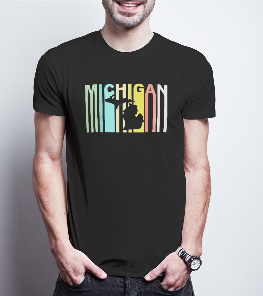 Michigan Colorful Vertical Stripe Map T-Shirt