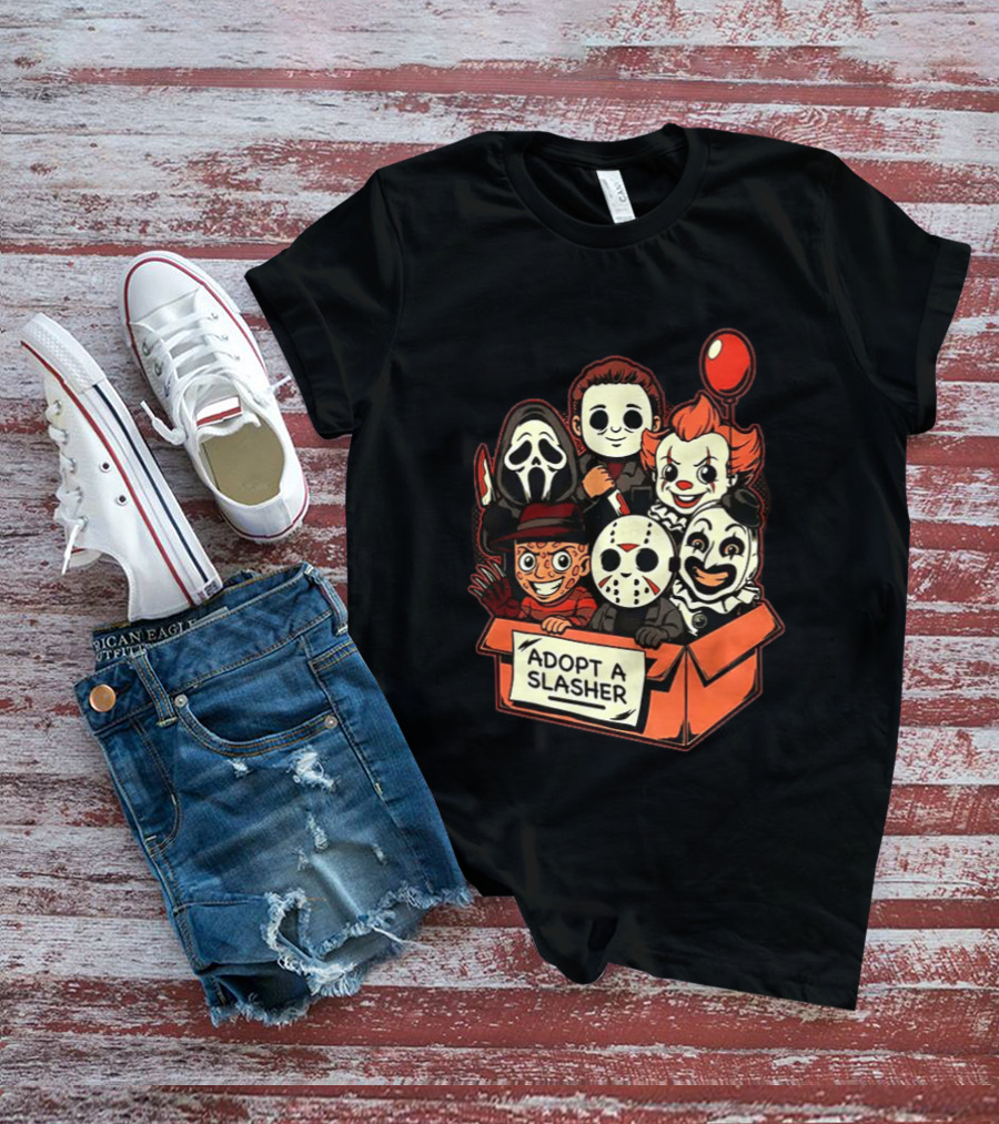 Adopt A Slasher Horror Characters Halloween Box With Iconic Balloon And Masked Monsters T-Shirt