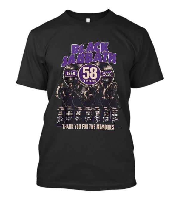 Black Sabbath 58 Years 1968 2026 Birmingham England Thank You For The Memories Ozzy Osbourne Tony Iommi Geezer Butler Bill Ward T-Shirt