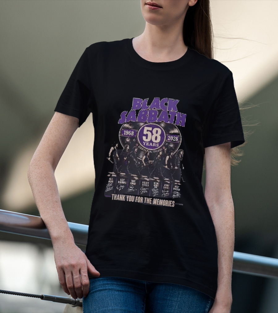 Black Sabbath 58 Years 1968 2026 Birmingham England Thank You For The Memories Ozzy Osbourne Tony Iommi Geezer Butler Bill Ward T-Shirt