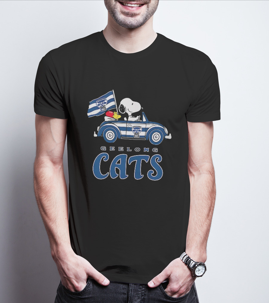Geelong Cats Snoopy Woodstock Driving With Flag T-Shirt