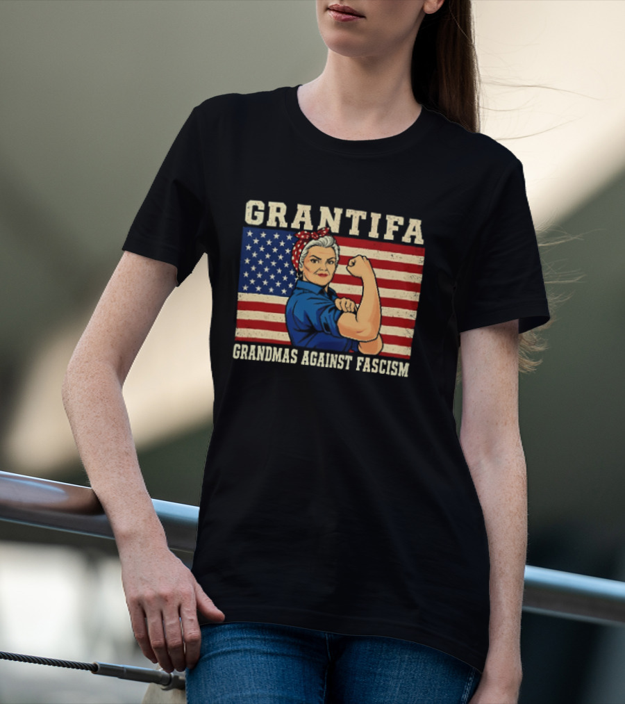 Grantifa Grandmas Against Fascism Rosie Riveter USA Flag T-Shirt