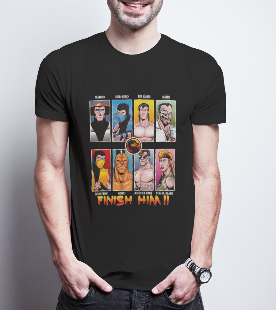 Raiden Sub Zero Liu Kang Kano Scorpion Goro Johnny Cage Sonya Blade Finish Him Mortal Kombat T-Shirt