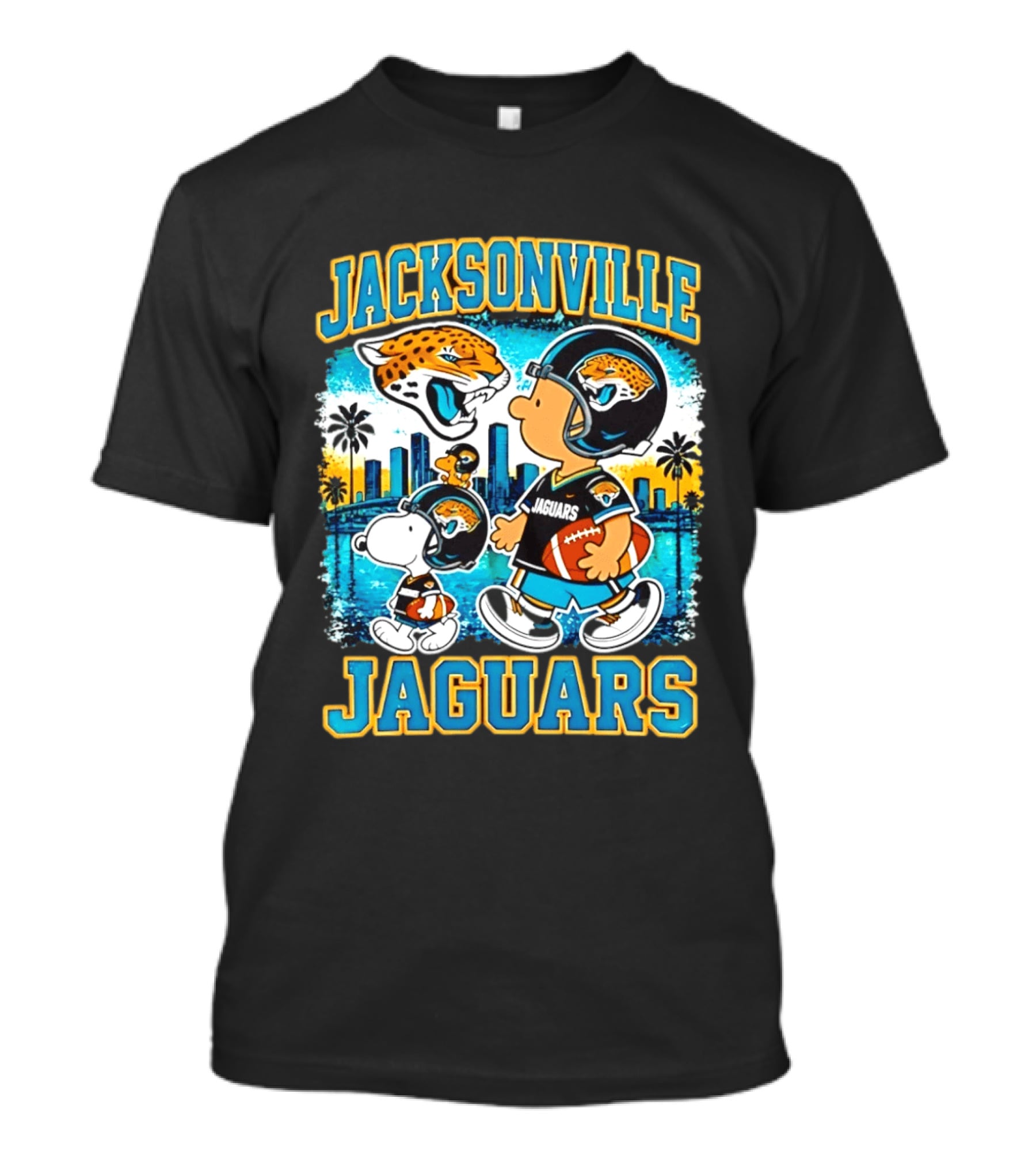 Jacksonville Jaguars Snoopy Woodstock Skyline 2026 Football T-Shirt
