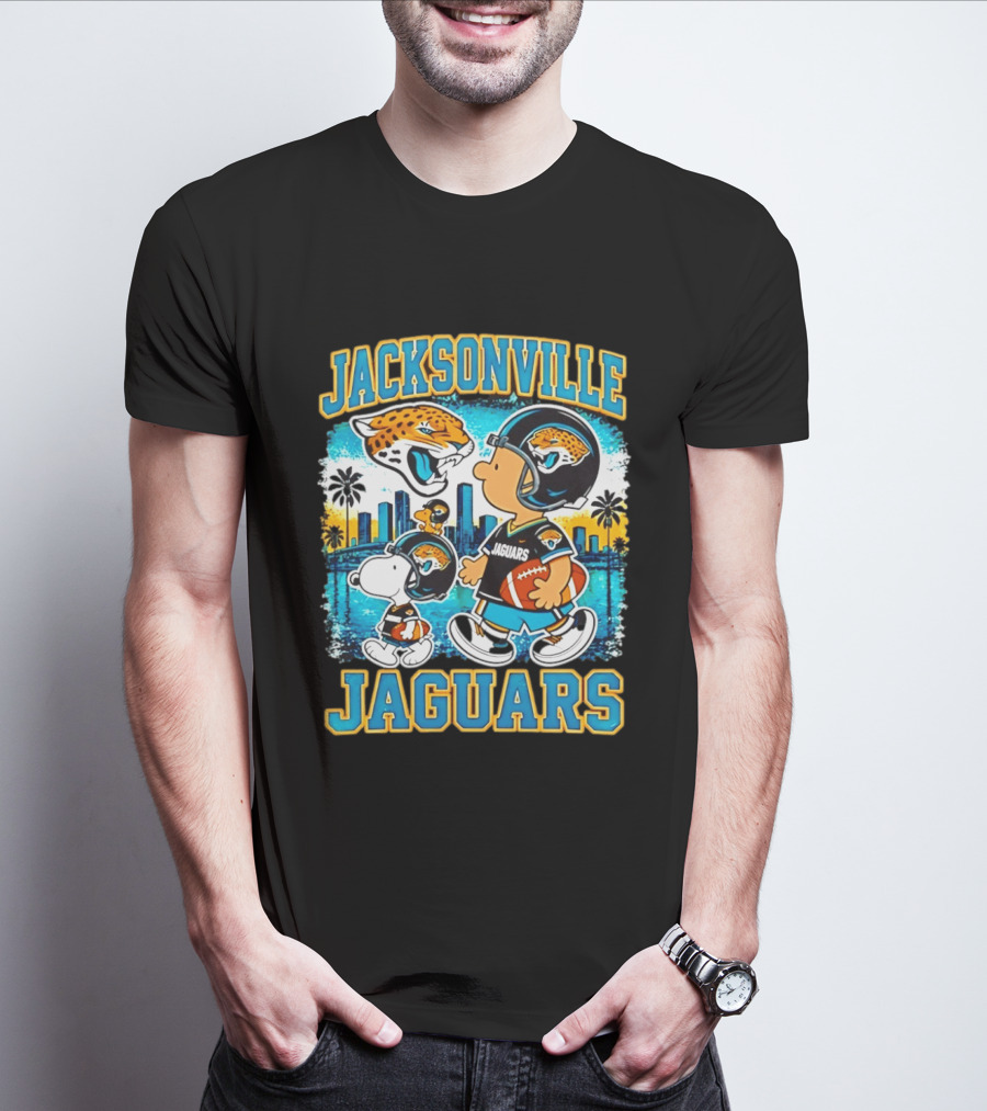 Jacksonville Jaguars Snoopy Woodstock Skyline 2026 Football T-Shirt