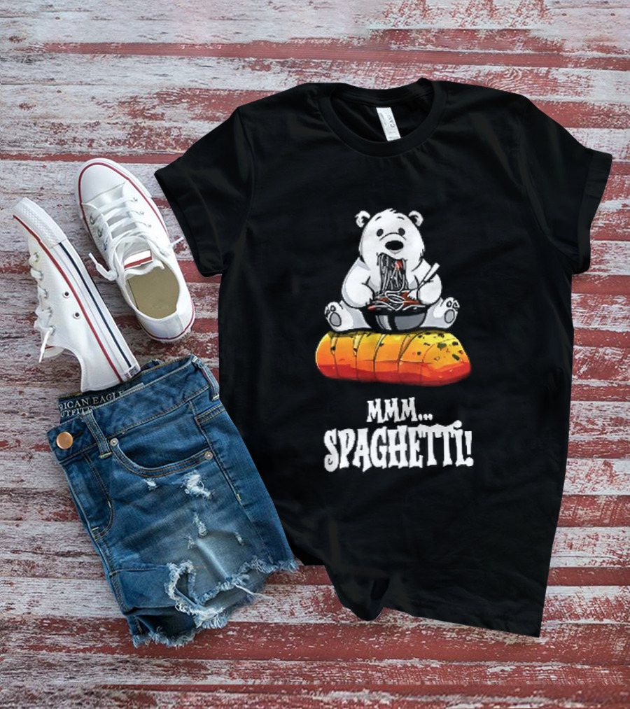 Mmm Spaghetti Cartoon Polar Bear Enjoying Pasta On Garlic Bread T-Shirt