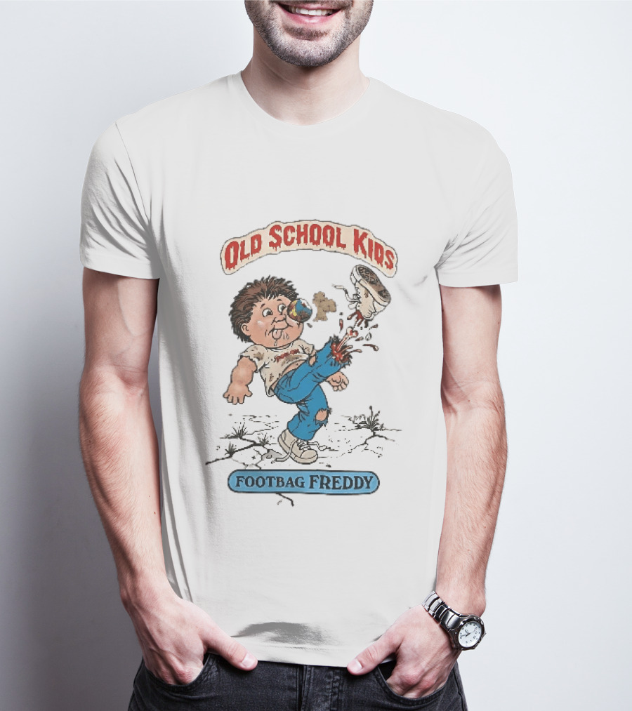 Old School Kids Footbag Freddy Cartoon Caricature Boy Kicking Shoe T-Shirt