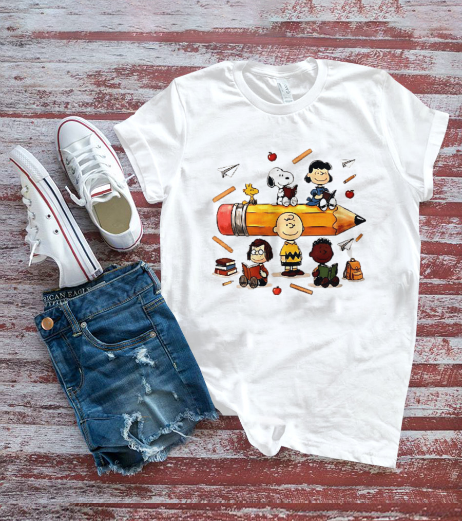 Charlie's Giant Pencil Peanuts Cartoon School Supplies Snoopy Woodstock T-Shirt