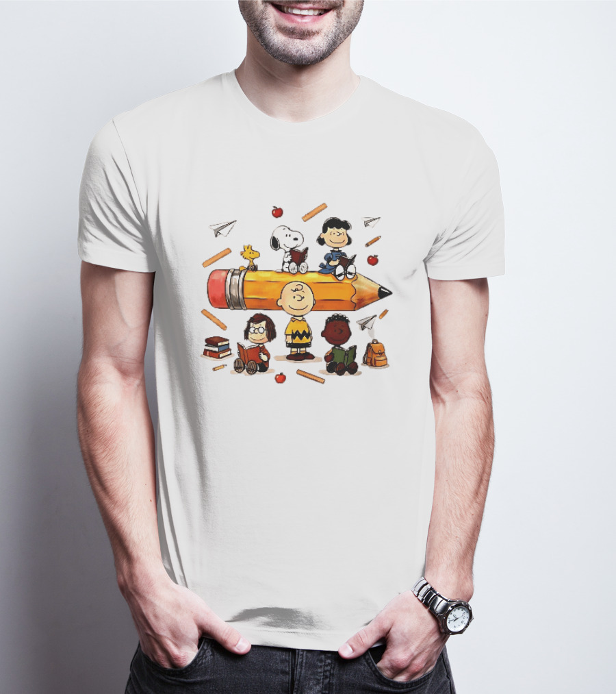 Charlie's Giant Pencil Peanuts Cartoon School Supplies Snoopy Woodstock T-Shirt