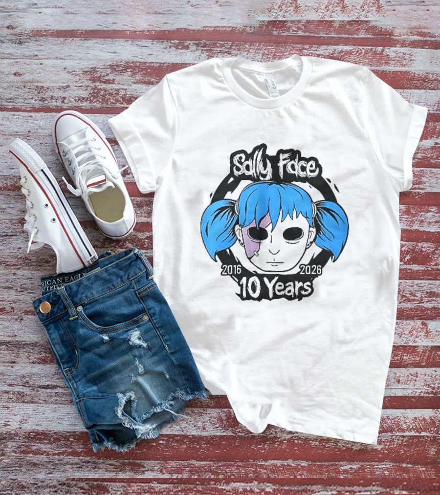Sally Face 2016 2026 10 Years Cartoon Blue Hair Masked Character Anniversary T-Shirt