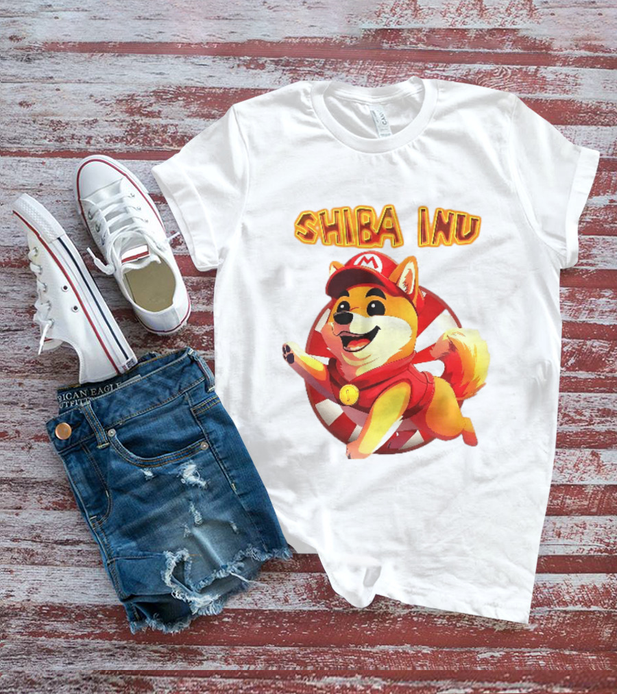 Shiba Inu Cartoon Dog Mario Red Cap Vest Running Striped T-Shirt