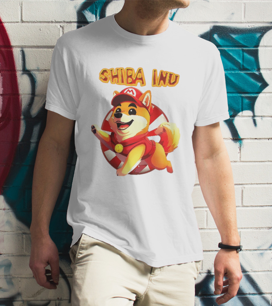 Shiba Inu Cartoon Dog Mario Red Cap Vest Running Striped T-Shirt