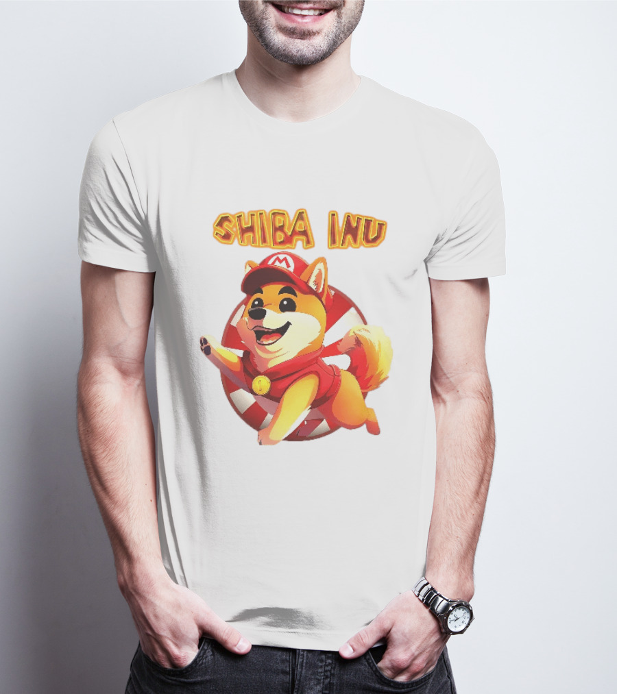 Shiba Inu Cartoon Dog Mario Red Cap Vest Running Striped T-Shirt