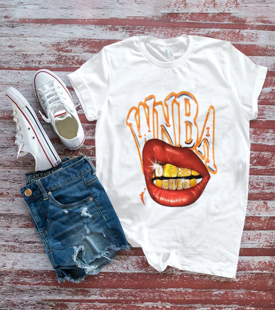 WNBA Red Lips Gold Teeth Grillz Glowing Chrome Lettering T-Shirt