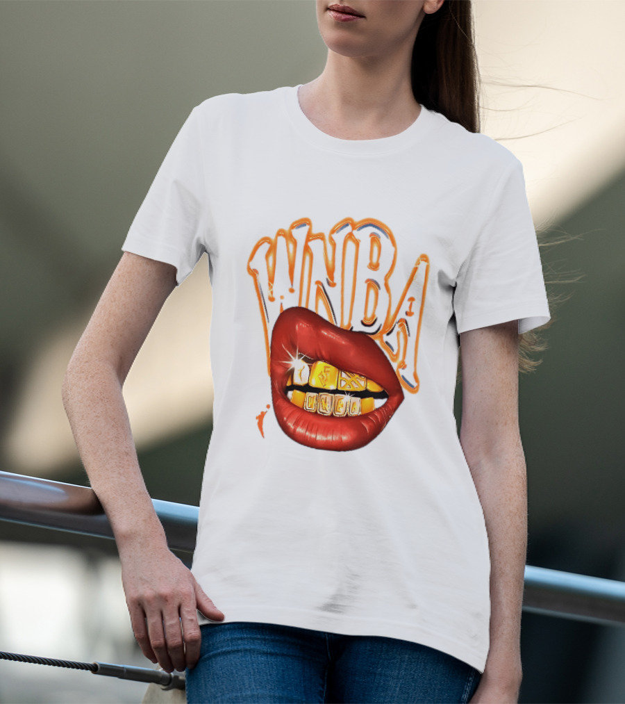 WNBA Red Lips Gold Teeth Grillz Glowing Chrome Lettering T-Shirt
