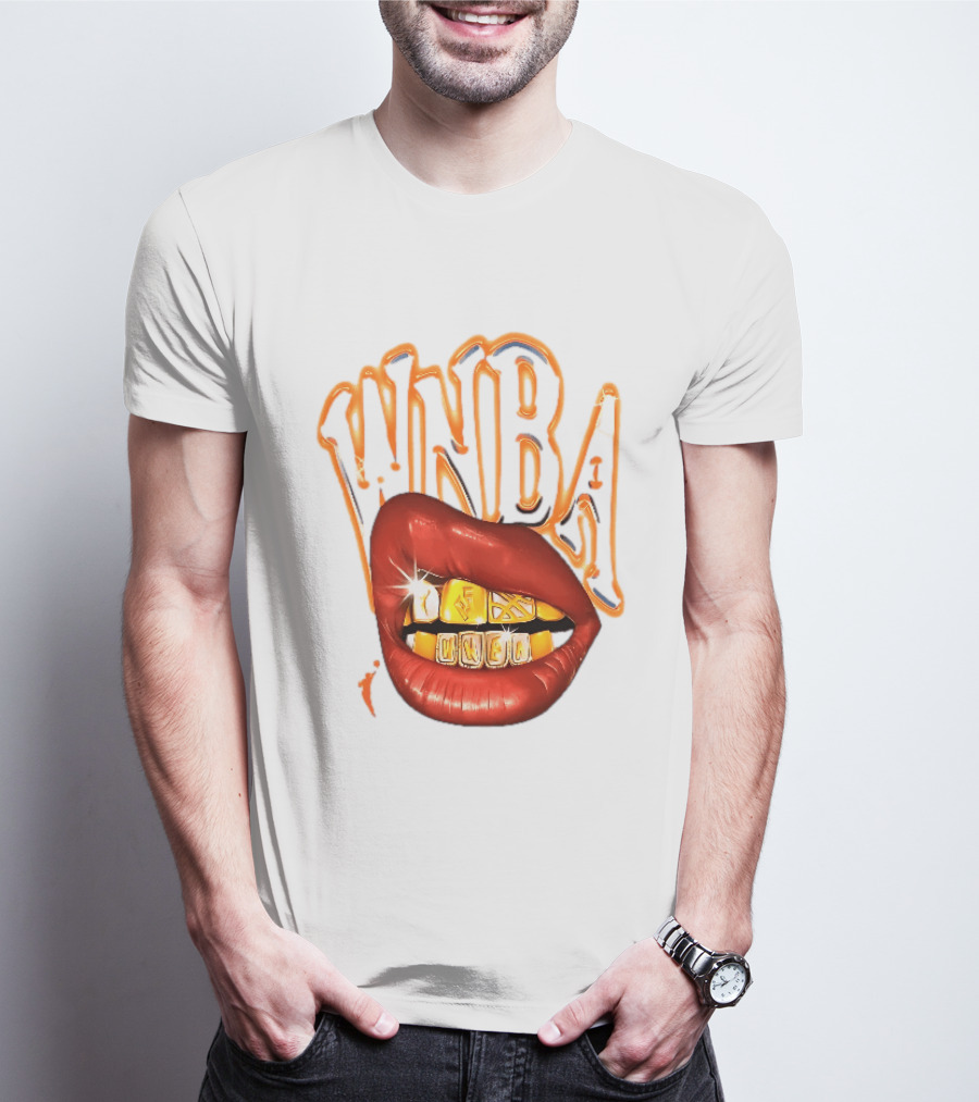 WNBA Red Lips Gold Teeth Grillz Glowing Chrome Lettering T-Shirt