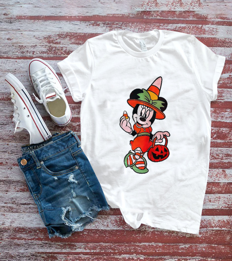 Disney Minnie Mouse Halloween Witch With Candy Corn And Pumpkin Bucket T-Shirt