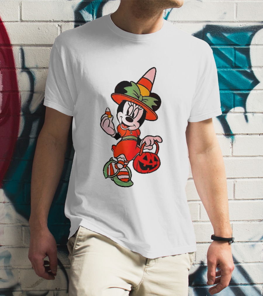 Disney Minnie Mouse Halloween Witch With Candy Corn And Pumpkin Bucket T-Shirt