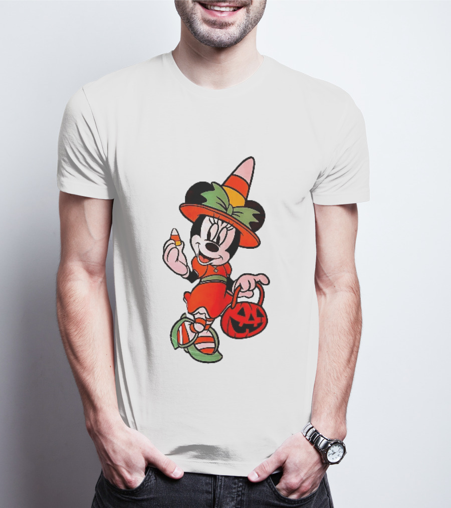 Disney Minnie Mouse Halloween Witch With Candy Corn And Pumpkin Bucket T-Shirt