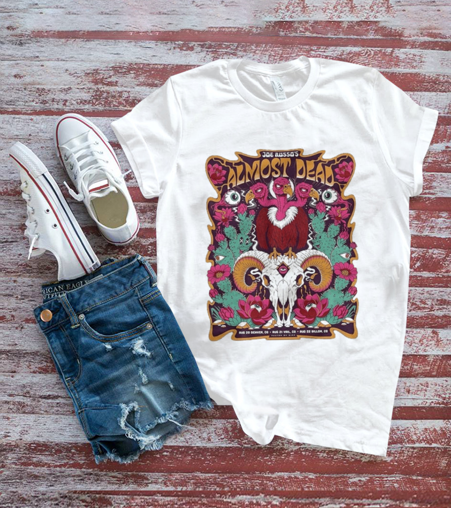 Joe Russo's Almost Dead Tour 2026 August 20 Denver August 21 Vail August 22 Dillon Vibrant Skull And Vulture Art Floral T-Shirt