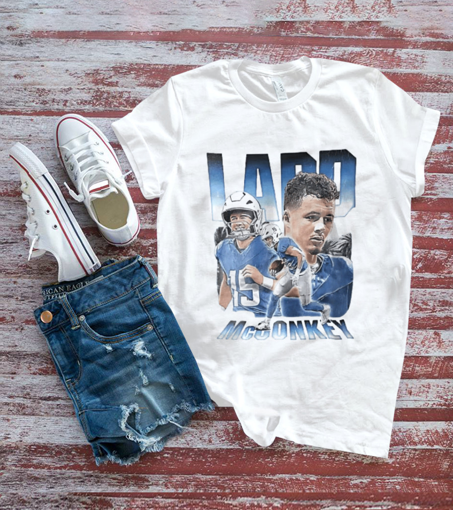 Ladd McConkey Number 15 Football Player Blue Jersey Collage T-Shirt