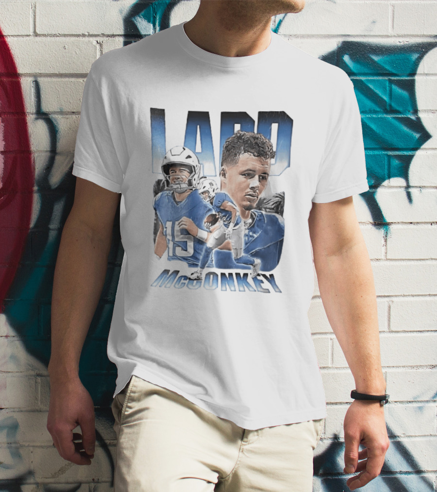 Ladd McConkey Number 15 Football Player Blue Jersey Collage T-Shirt