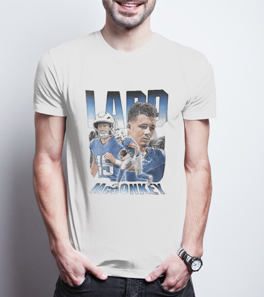 Ladd McConkey Number 15 Football Player Blue Jersey Collage T-Shirt