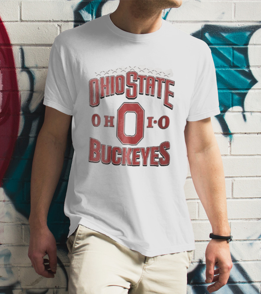 Ohio State Buckeyes NCAA Ohio Block Letter Red Football Laces Arch T-Shirt