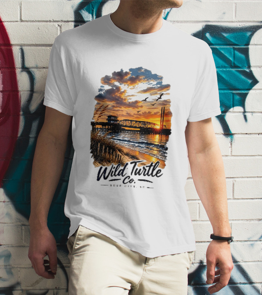 Wild Turtle Co Surf City NC Beach Dunes Pier Sunset Flying Birds T-Shirt