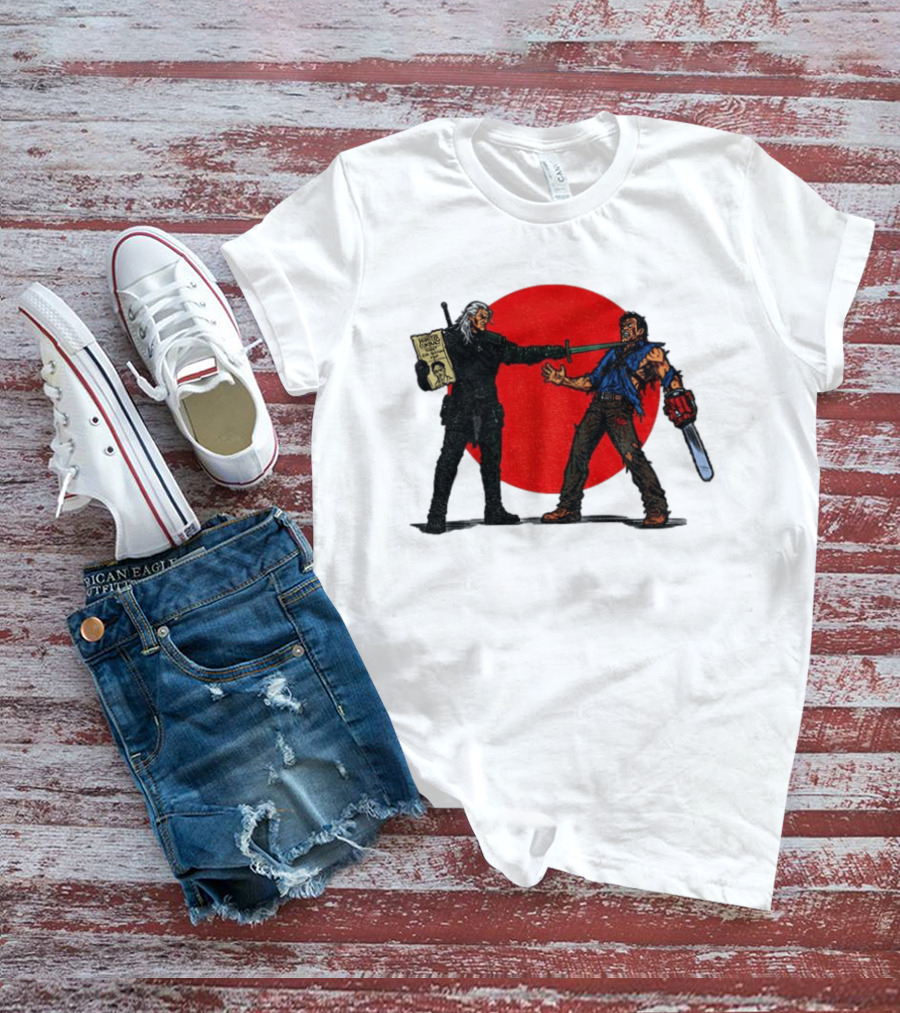 Geralt Vs Ash Evil Dead Or Alive Red Circle Showdown T-Shirt