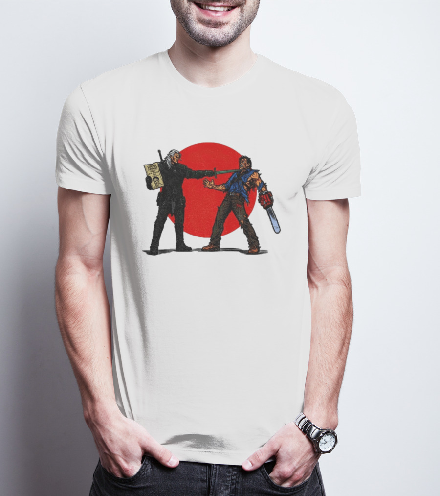 Geralt Vs Ash Evil Dead Or Alive Red Circle Showdown T-Shirt