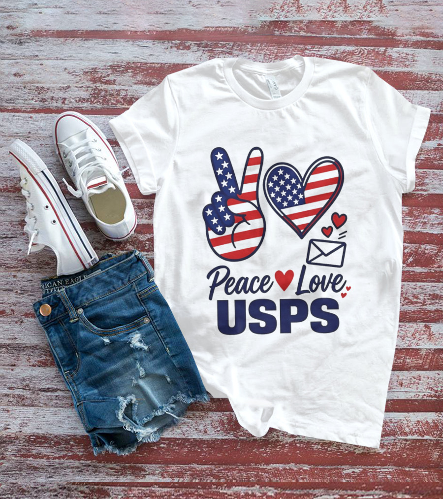 Peace Love USPS American Flag Heart And Mail T-Shirt