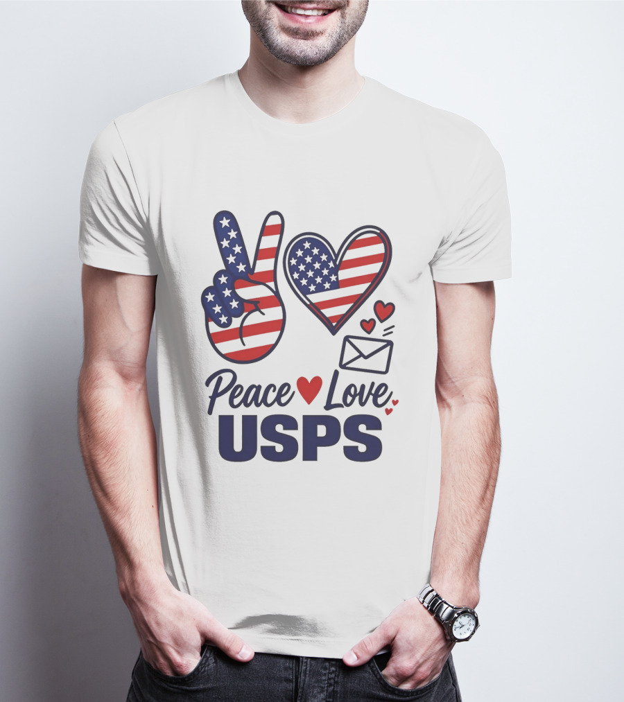 Peace Love USPS American Flag Heart And Mail T-Shirt
