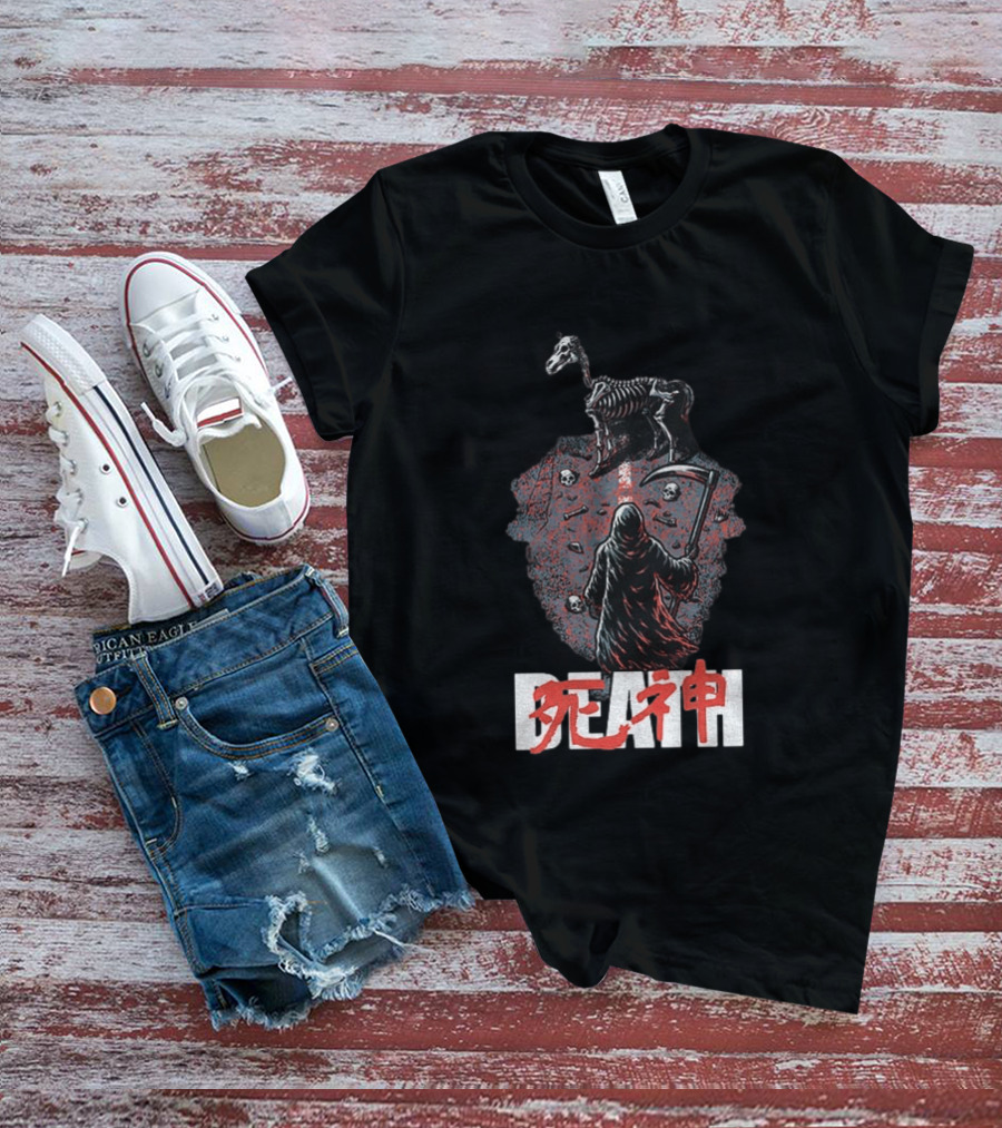 Grim Reaper Death Rider Japanese Kanji Skulls Scythe T-Shirt