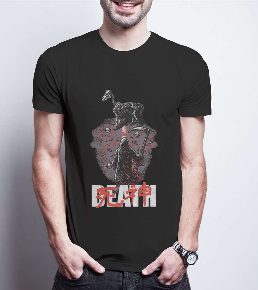 Grim Reaper Death Rider Japanese Kanji Skulls Scythe T-Shirt