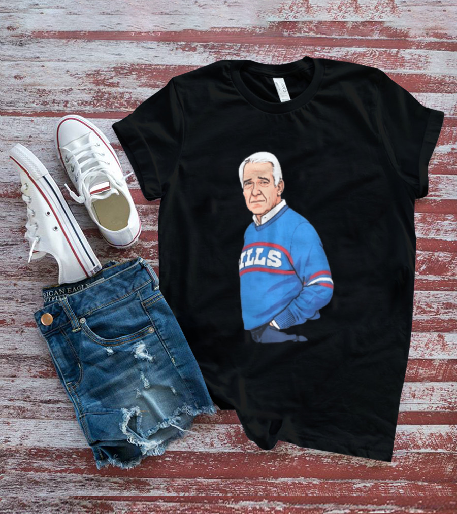 Buffalo Bills Coach Marv Levy Caricature In Blue Sweater With Team Name T-Shirt