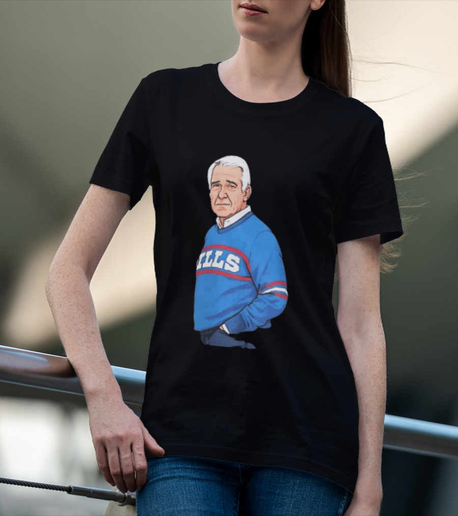 Buffalo Bills Coach Marv Levy Caricature In Blue Sweater With Team Name T-Shirt