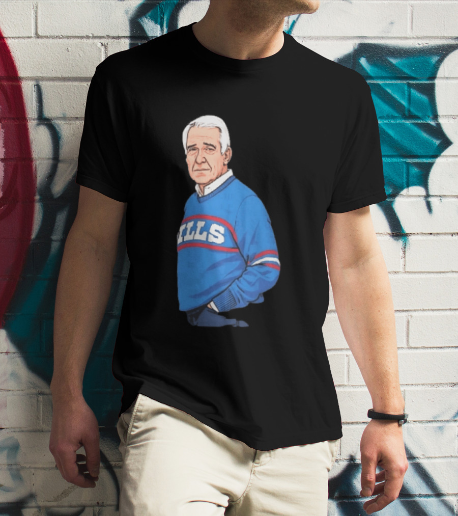 Buffalo Bills Coach Marv Levy Caricature In Blue Sweater With Team Name T-Shirt