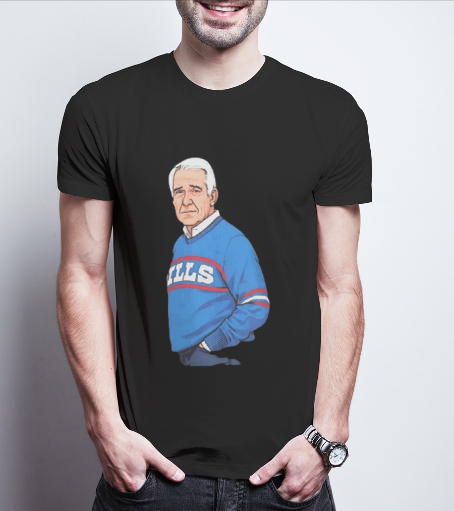 Buffalo Bills Coach Marv Levy Caricature In Blue Sweater With Team Name T-Shirt
