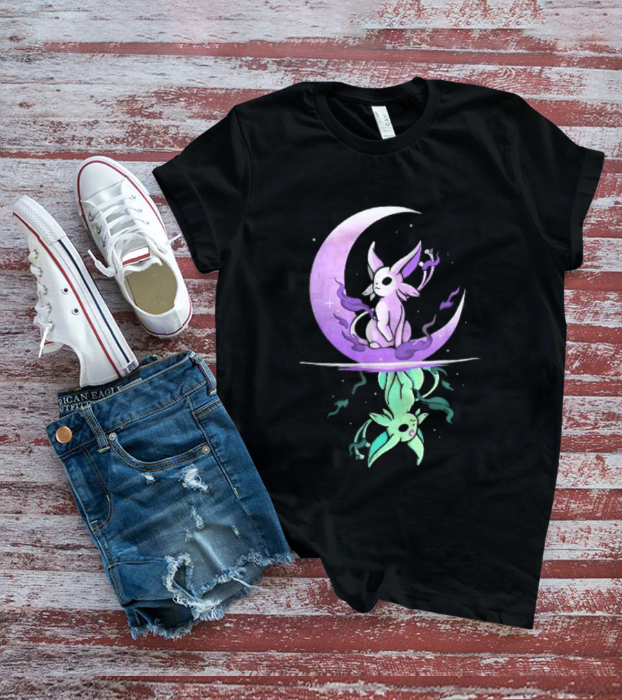 Cartoon Purple Espeon On Crescent Moon With Green Reflection T-Shirt