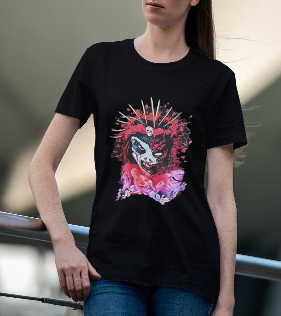 Demonic Japanese Geisha Skull Crown With Red Paint Splatter And Floral T-Shirt