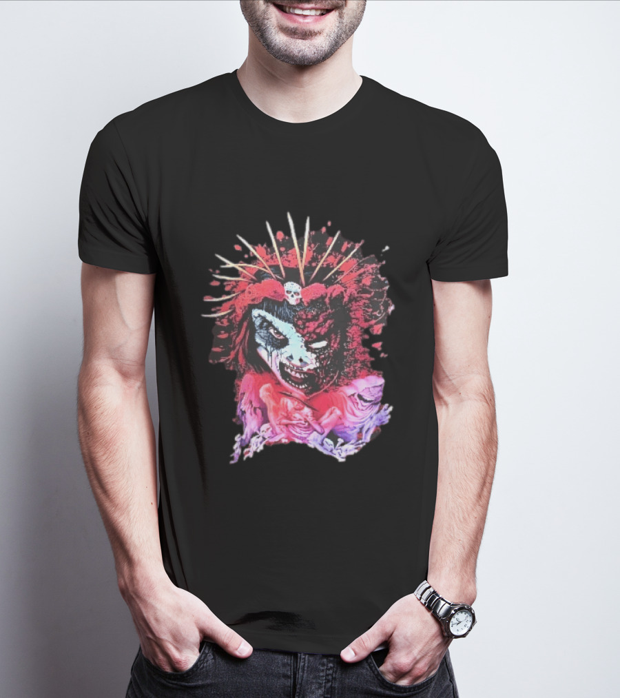 Demonic Japanese Geisha Skull Crown With Red Paint Splatter And Floral T-Shirt