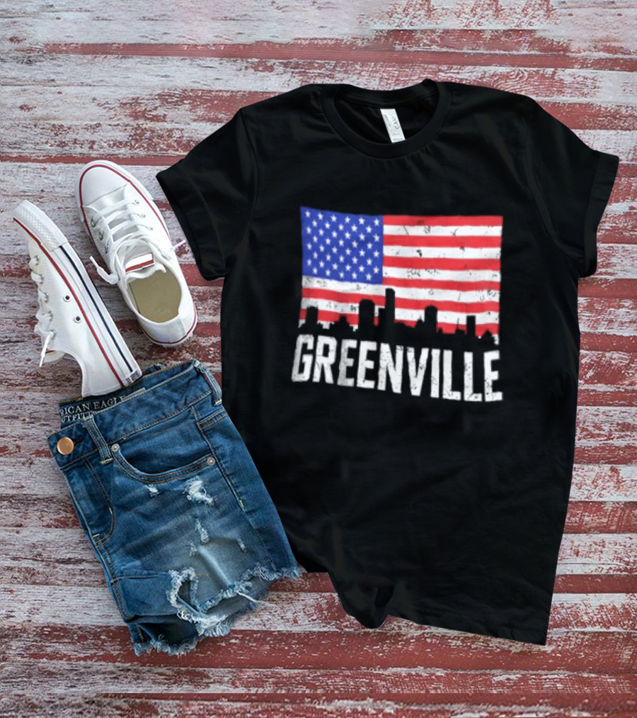 Greenville Skyline American Flag Cityscape T-Shirt
