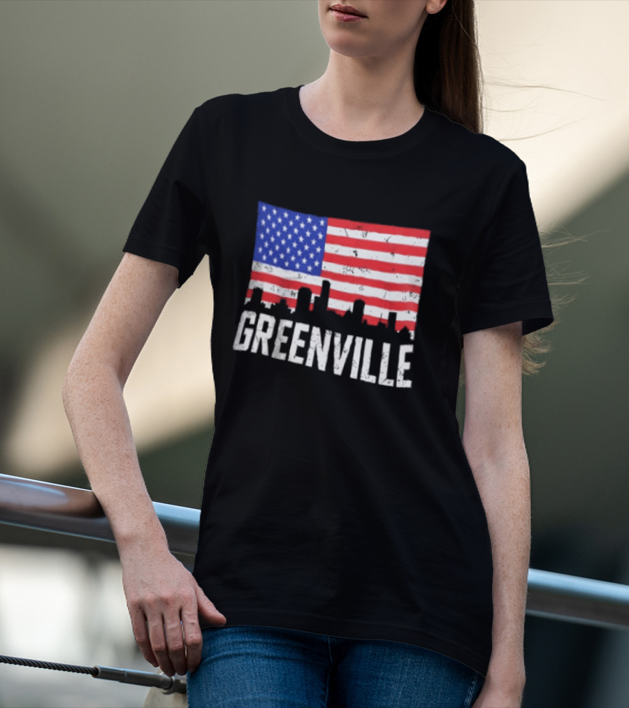 Greenville Skyline American Flag Cityscape T-Shirt