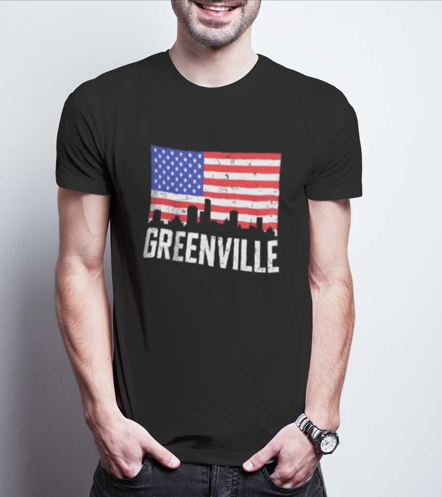 Greenville Skyline American Flag Cityscape T-Shirt